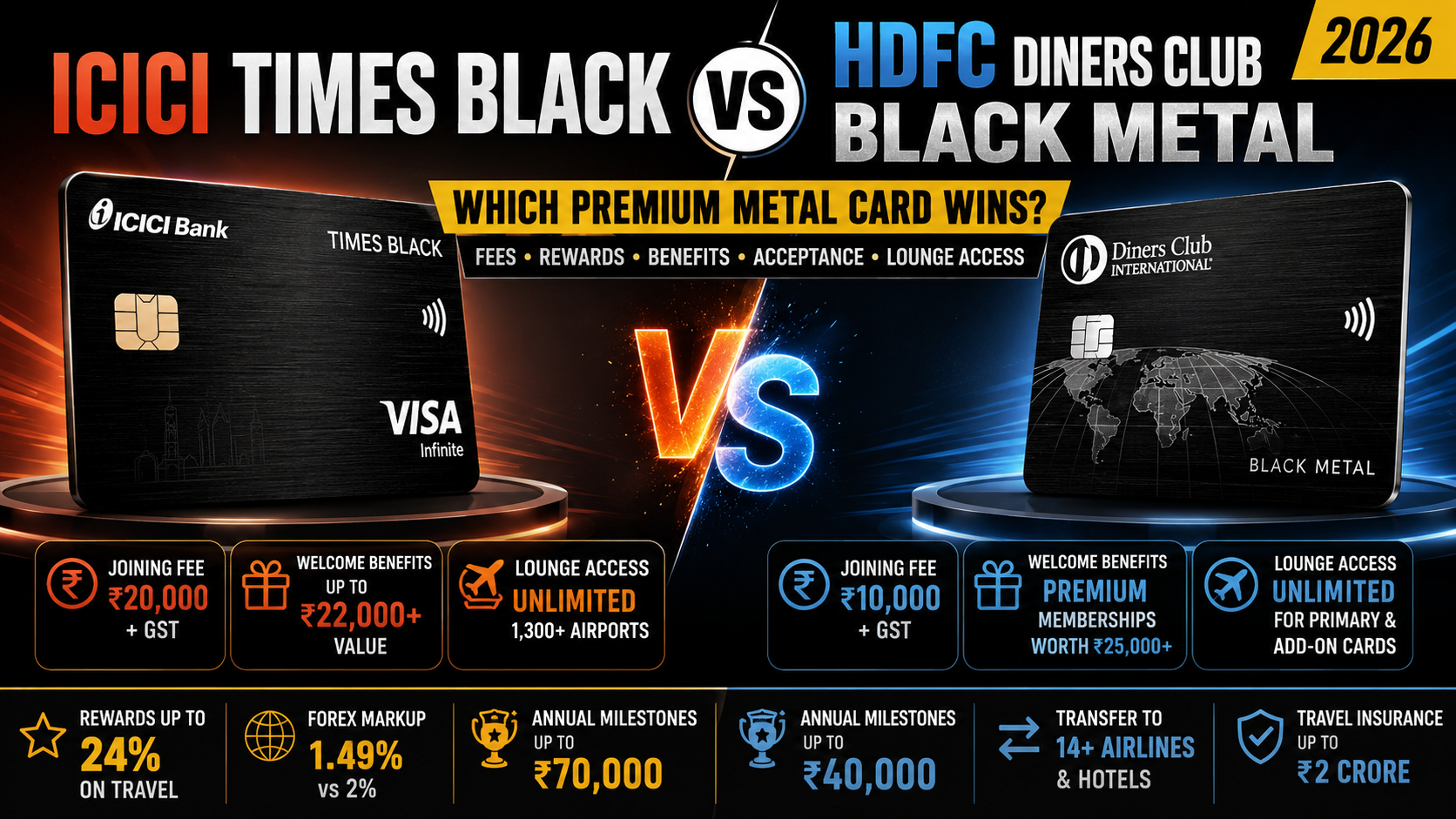 ICICI Times Black vs HDFC Diners Club Black Metal 2026: Which Premium Metal Card Wins?